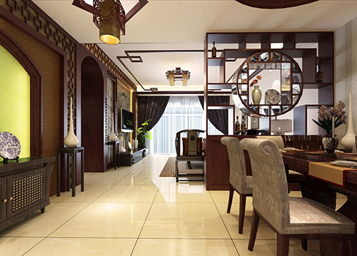 餐廳和客廳用隔扇門分開的兩個區域