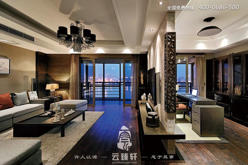 現代中式風格設計的三居室客廳裝效果圖