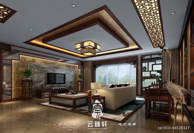 中式客廳大面積觀景窗簾裝修