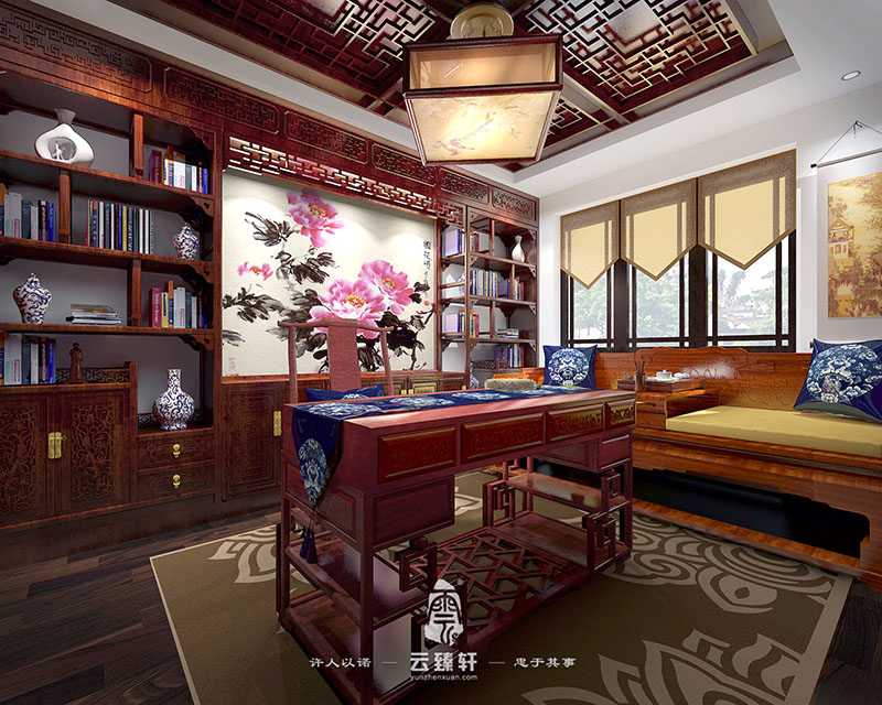 以水墨畫作為背景的中式書房裝修效果圖