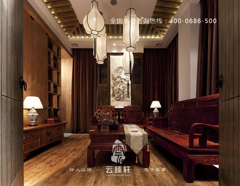 茶會所二層的品茶區設計分為服務區、包廂區、書畫區、臥榻區