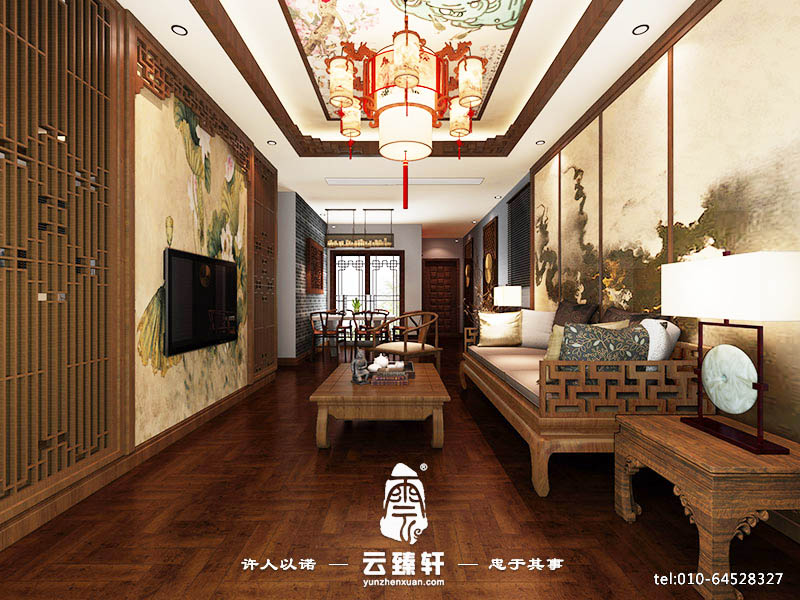 中式客廳鏤空木格紋背景墻裝修設計