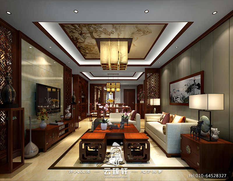 現(xiàn)代中式鏤空木格加大理石客廳電視背景墻裝修設計