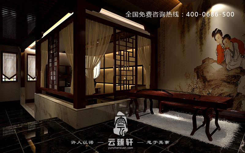 帶有女子畫像的古箏房間背景墻