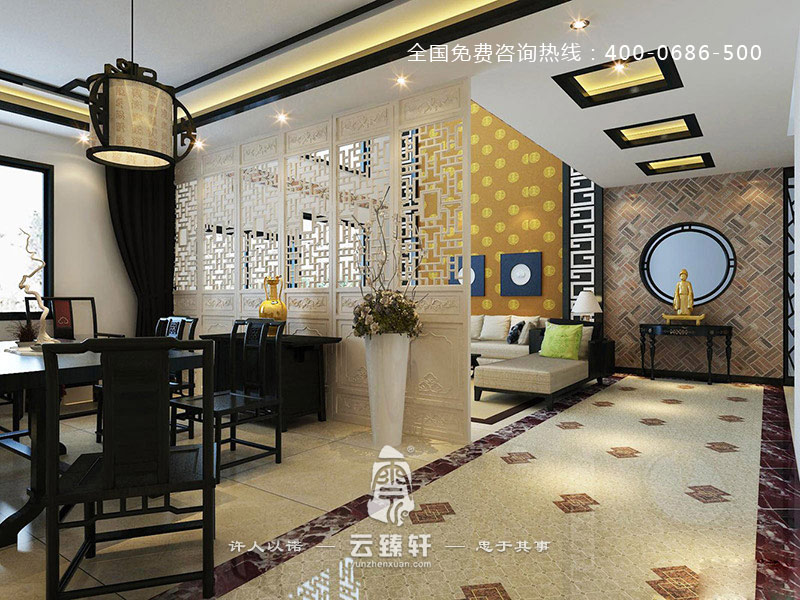 以黑白調為主的別墅中式客廳過道裝修效果圖