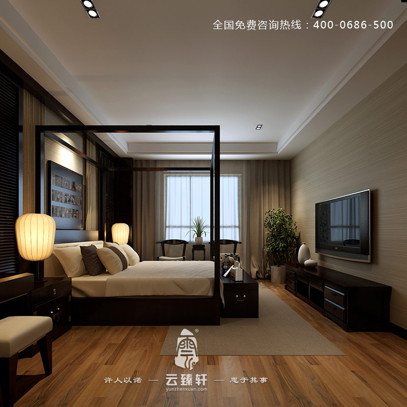 以深色調為主的新中式臥室裝修效果圖