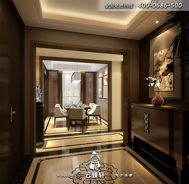 餐廳與玄關連接，功能不同裝修的也不同