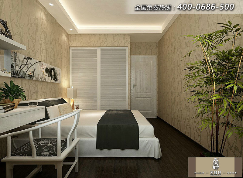 長輩房的裝飾色彩則比較沉穩、樸素，濃郁的東方禪意氣息隨之而來