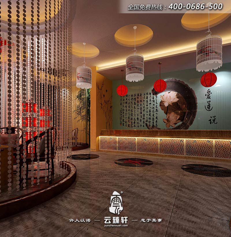 湖北中式養(yǎng)生會館的大堂前臺裝修設計