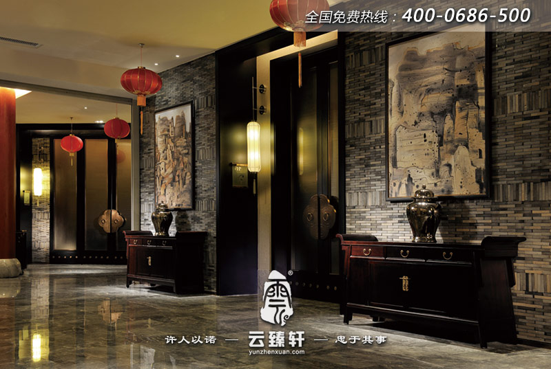 食府電梯口處的中式古典的裝修設(shè)計(jì)