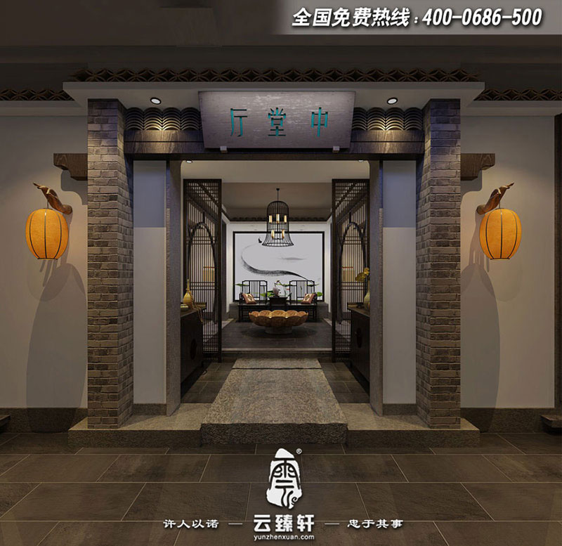 高端茶會所包間古樸門頭設計效果圖