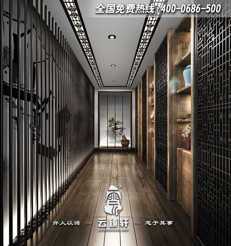 新中式禪茶會(huì)所三層過(guò)道設(shè)計(jì)效果圖