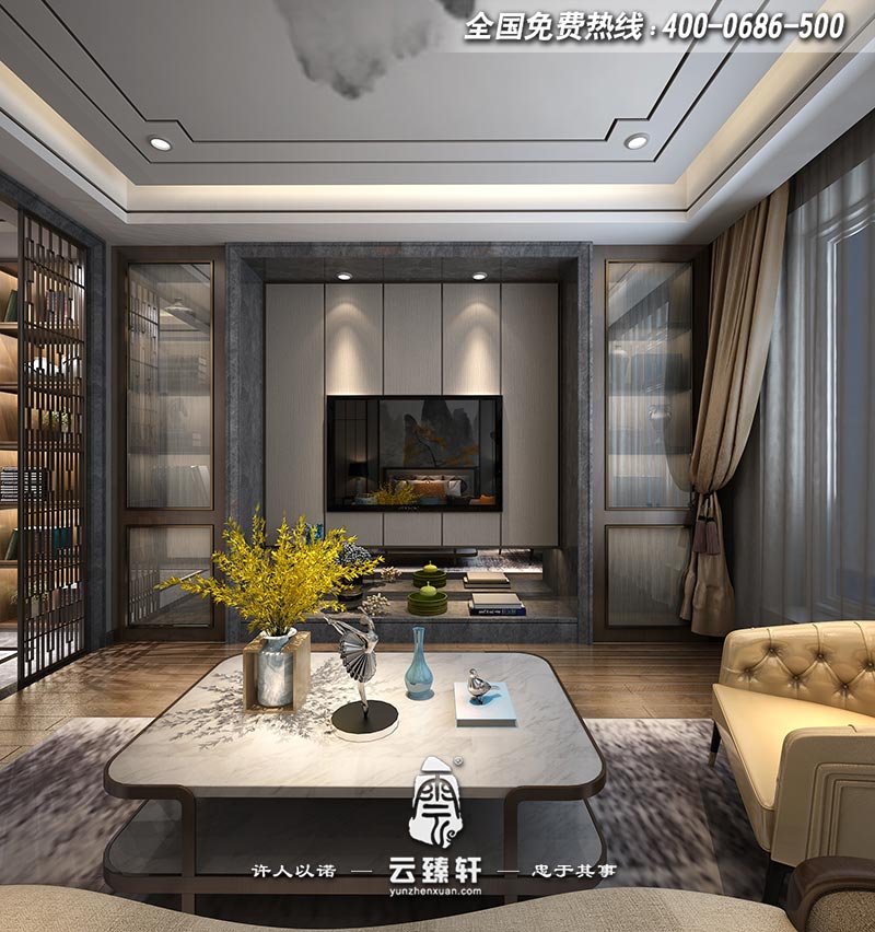 現(xiàn)代極簡(jiǎn)中式臥室電視背景墻裝修效果圖